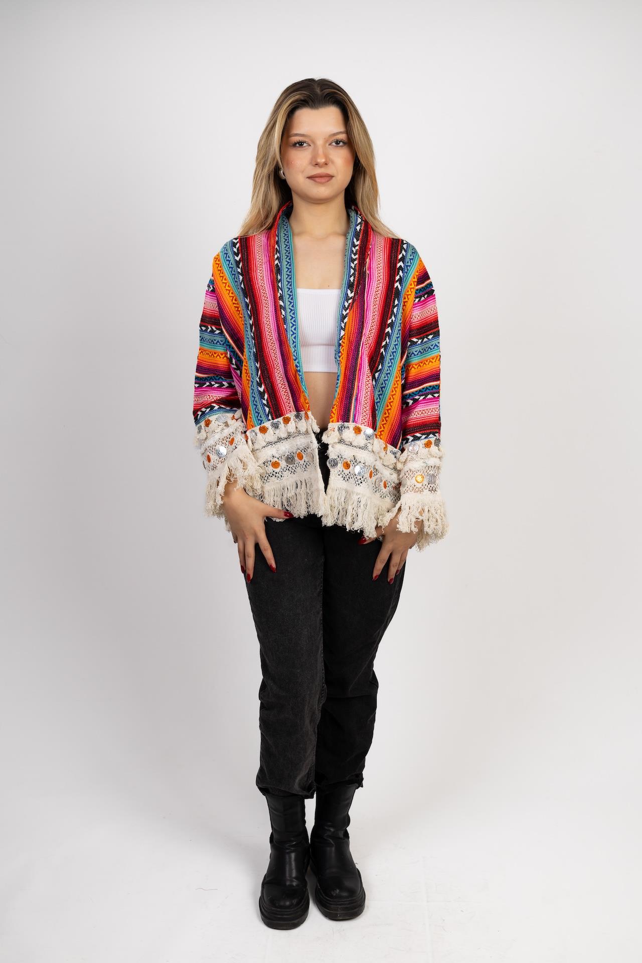 Pink Fringed Short Ethnic Patterned Jacket