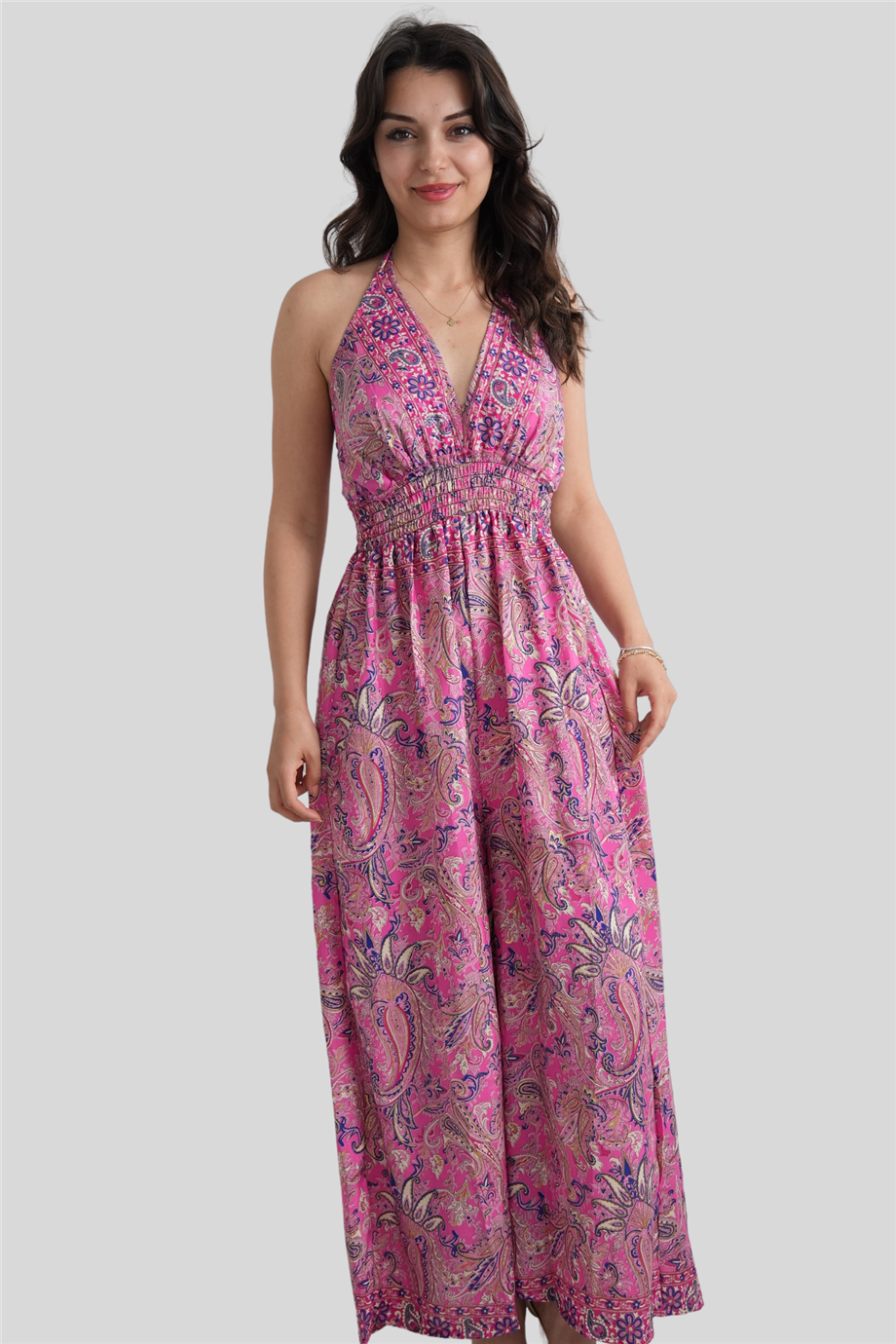 Pink Halter Neck Backless Silk Jumpsuit