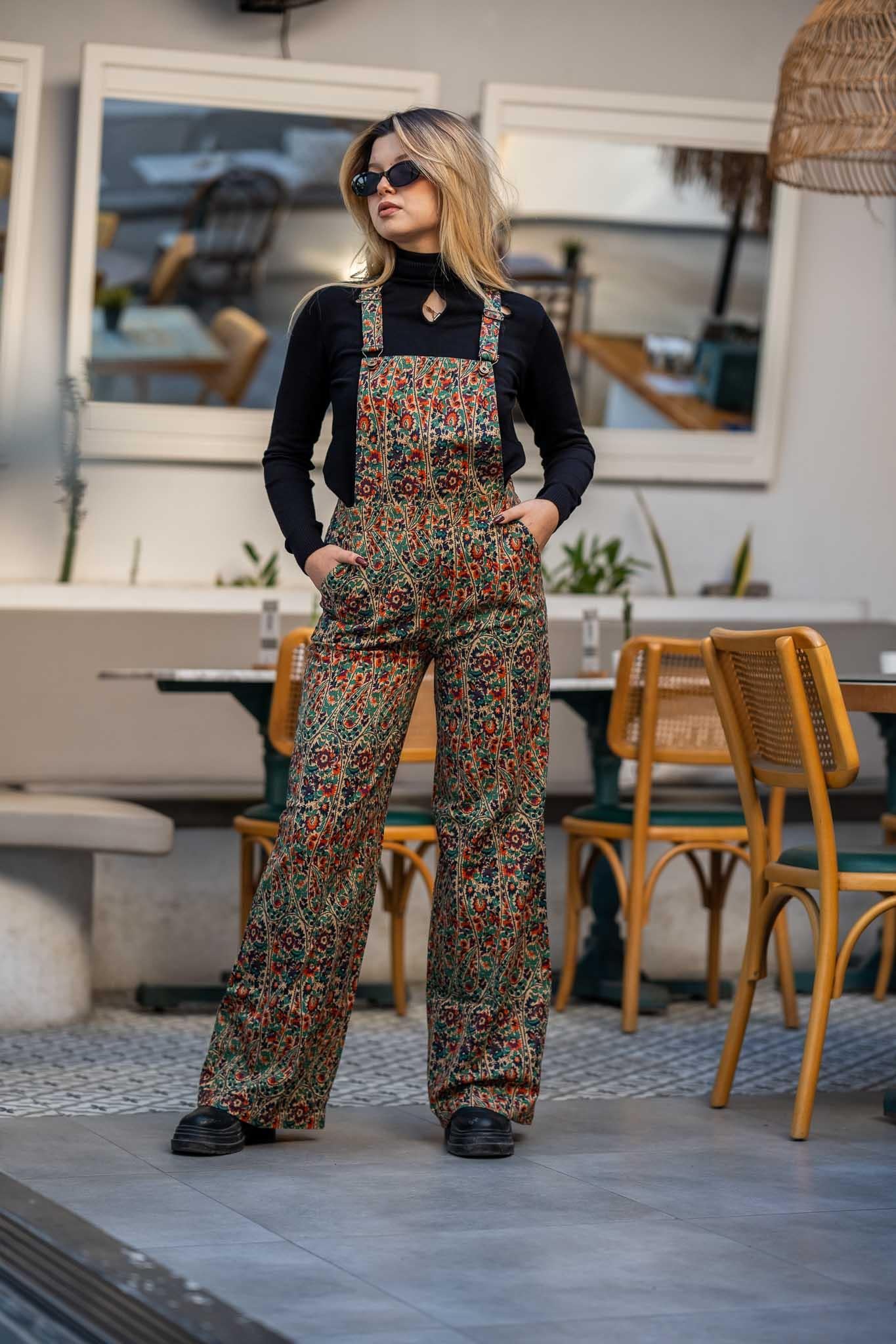 Pera Floral Pattern Wide Leg Overalls Jumpsuit