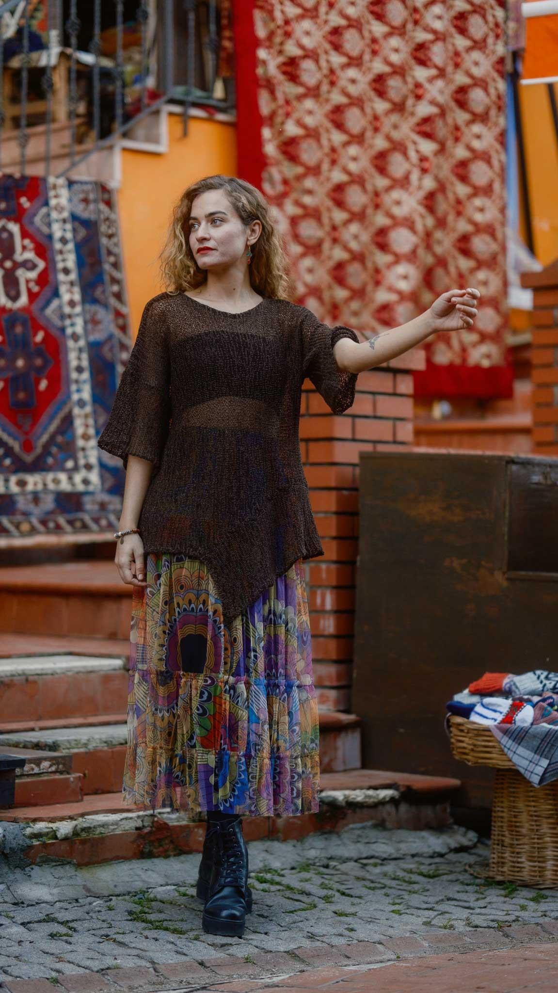 Colorful Mandala Patterned Lined Layered Tulle Skirt