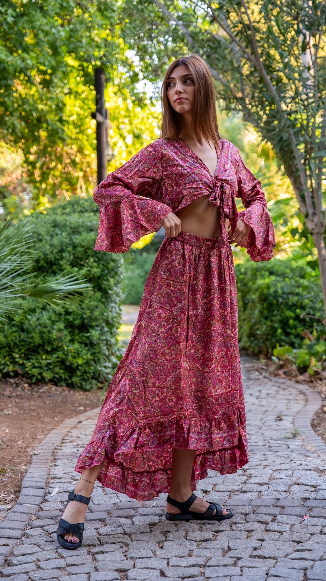 Romantik Bohem Bağlama Detaylı İpek Elbise 