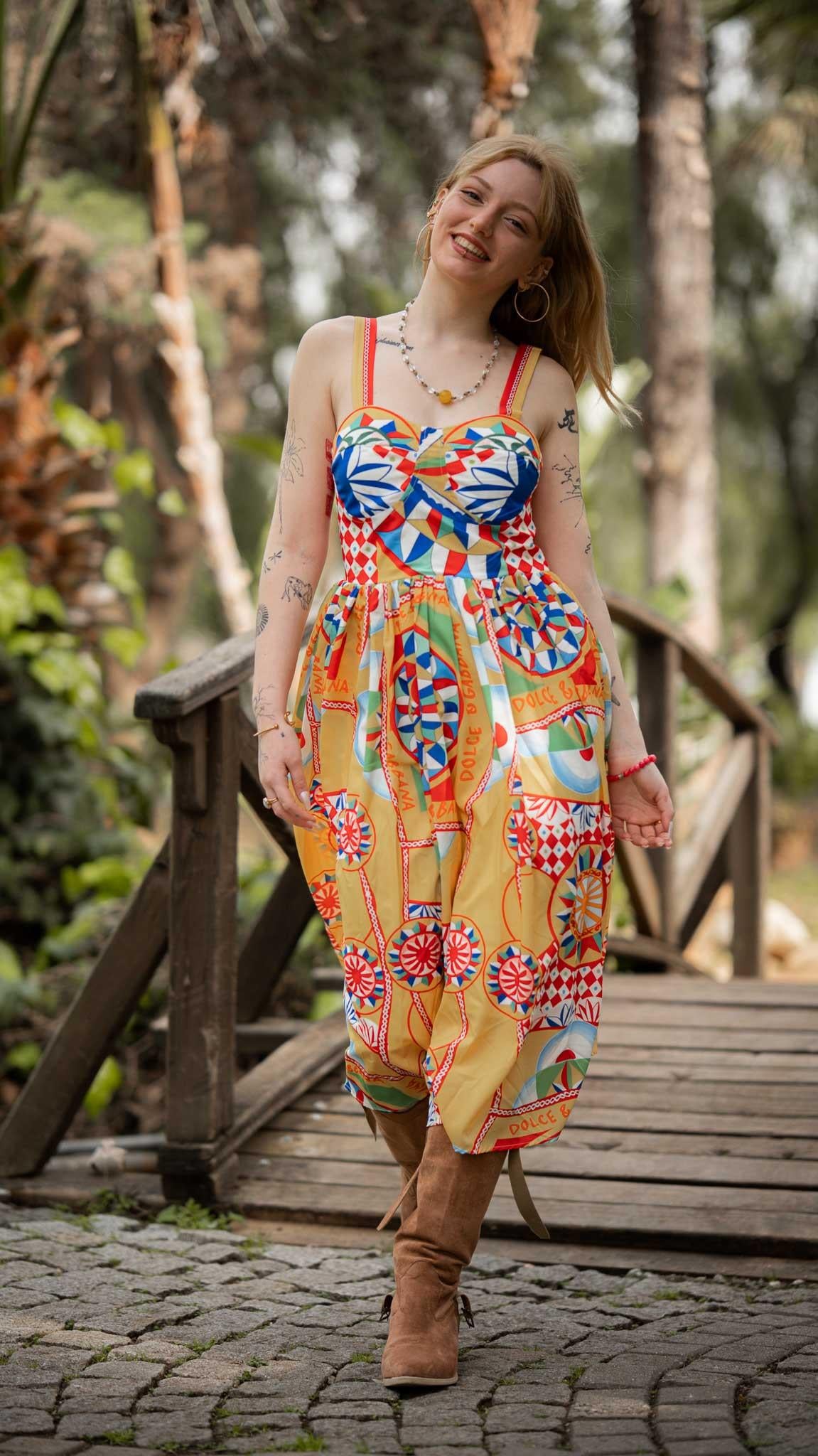 Yellow Strappy Patterned Imported Crepe Fabric Dress