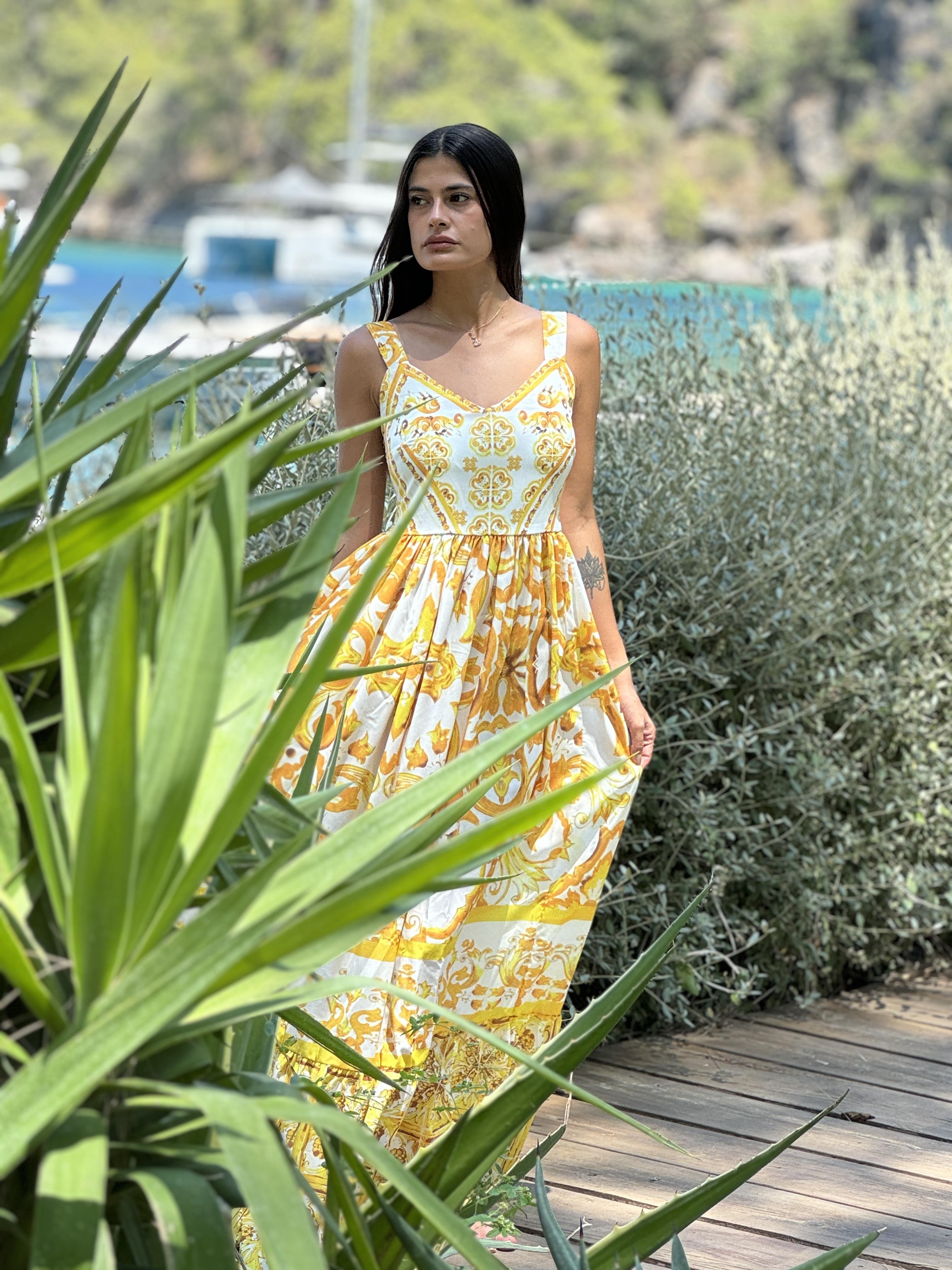 Yellow Strappy Ethnic Patterned Imported Crepe Fabric Dress