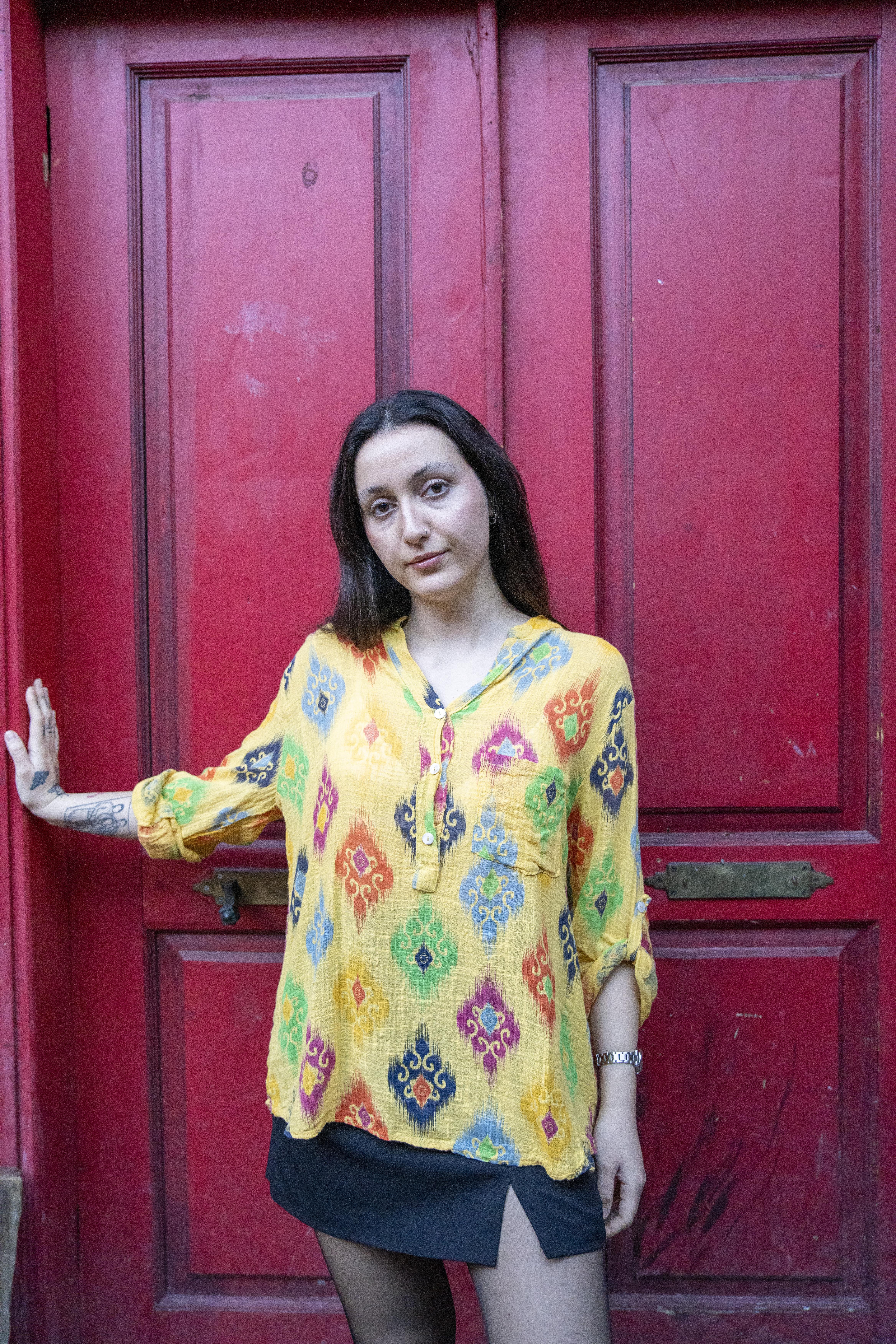 Yellow Ikat Patterned Three-Button Front Shirt