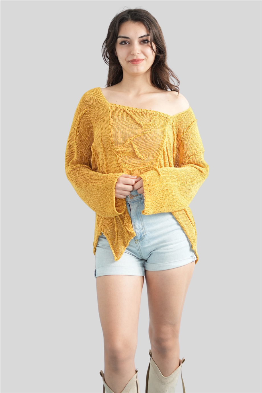 Sarı Kesik Detaylı Merserize Bluz
