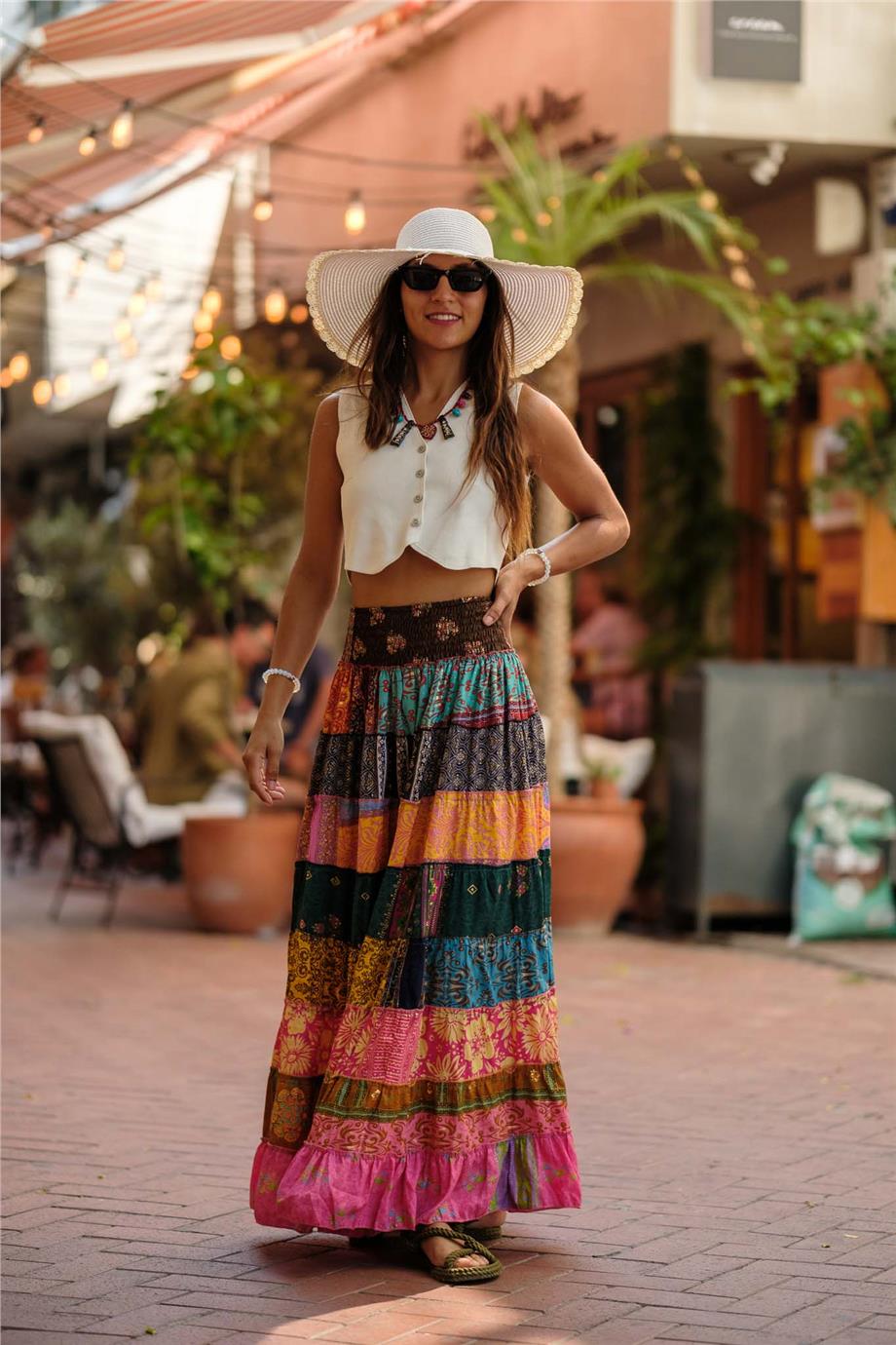 Sarı Renk Bohem Patchwork İpek Etek