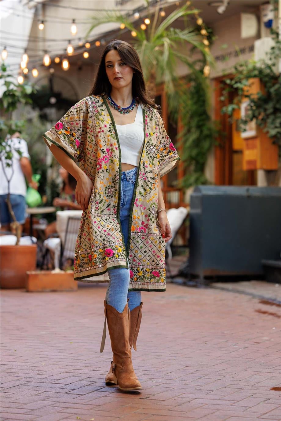 Sarı Renk El İşlemeli Etnik Desenli Bohem Kimono