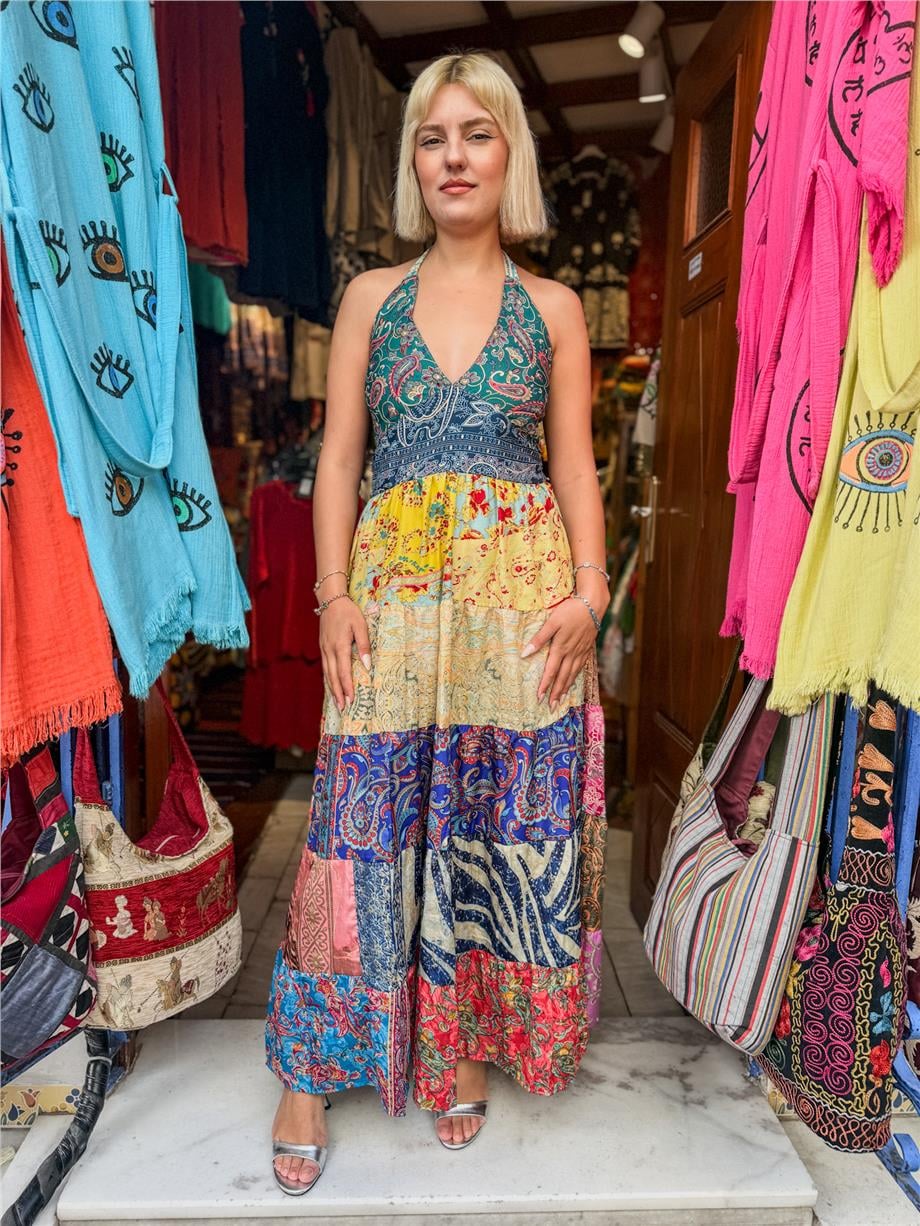 Sarı Renk Gold Detaylı Boyundan Bağlamalı Patchwork İpek Elbise