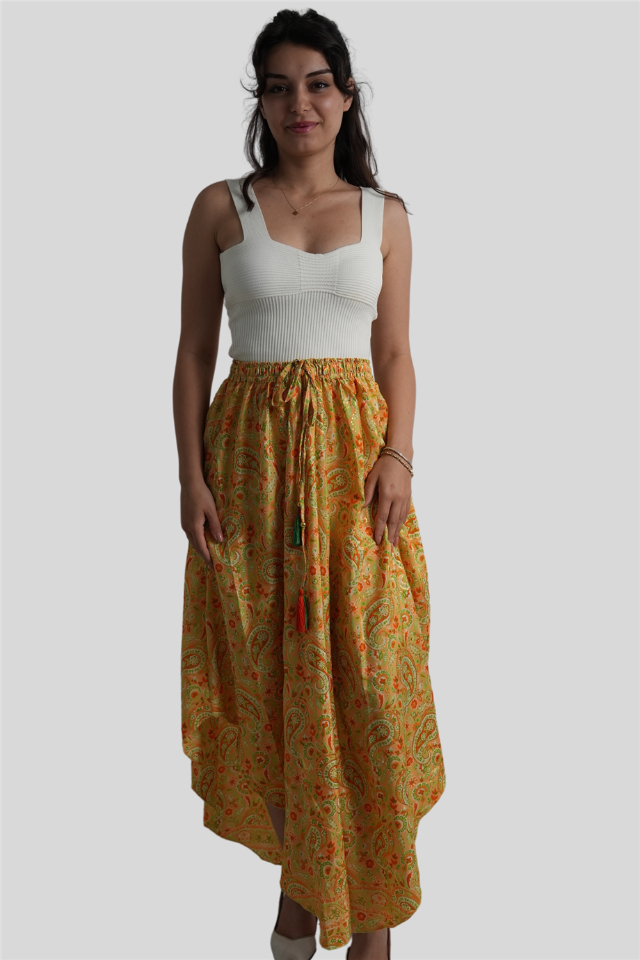 Sarı Renk Gold Detaylı Etek Bluz Takım