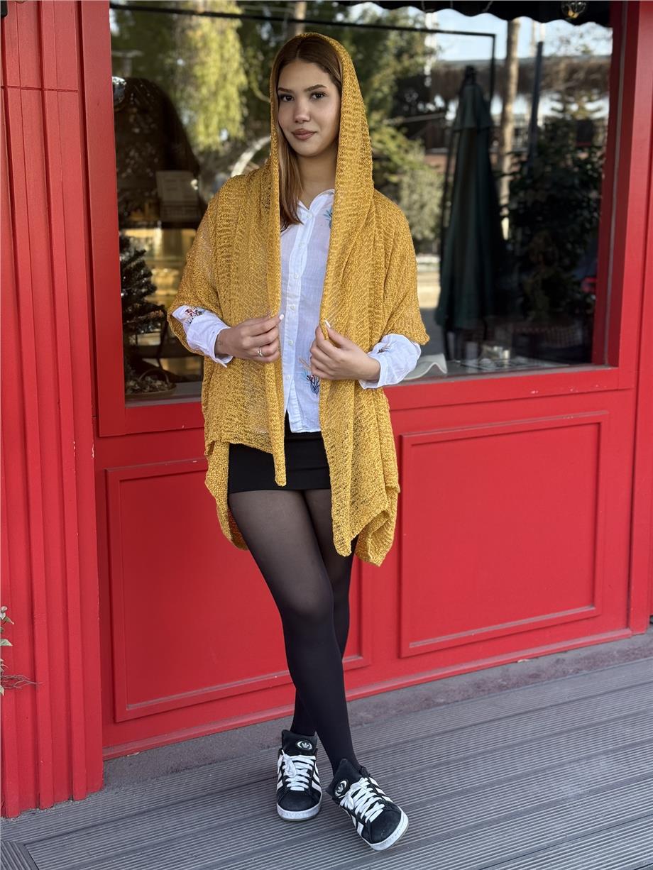 Sarı Renk Kapüşonlu Merserize Hırka 