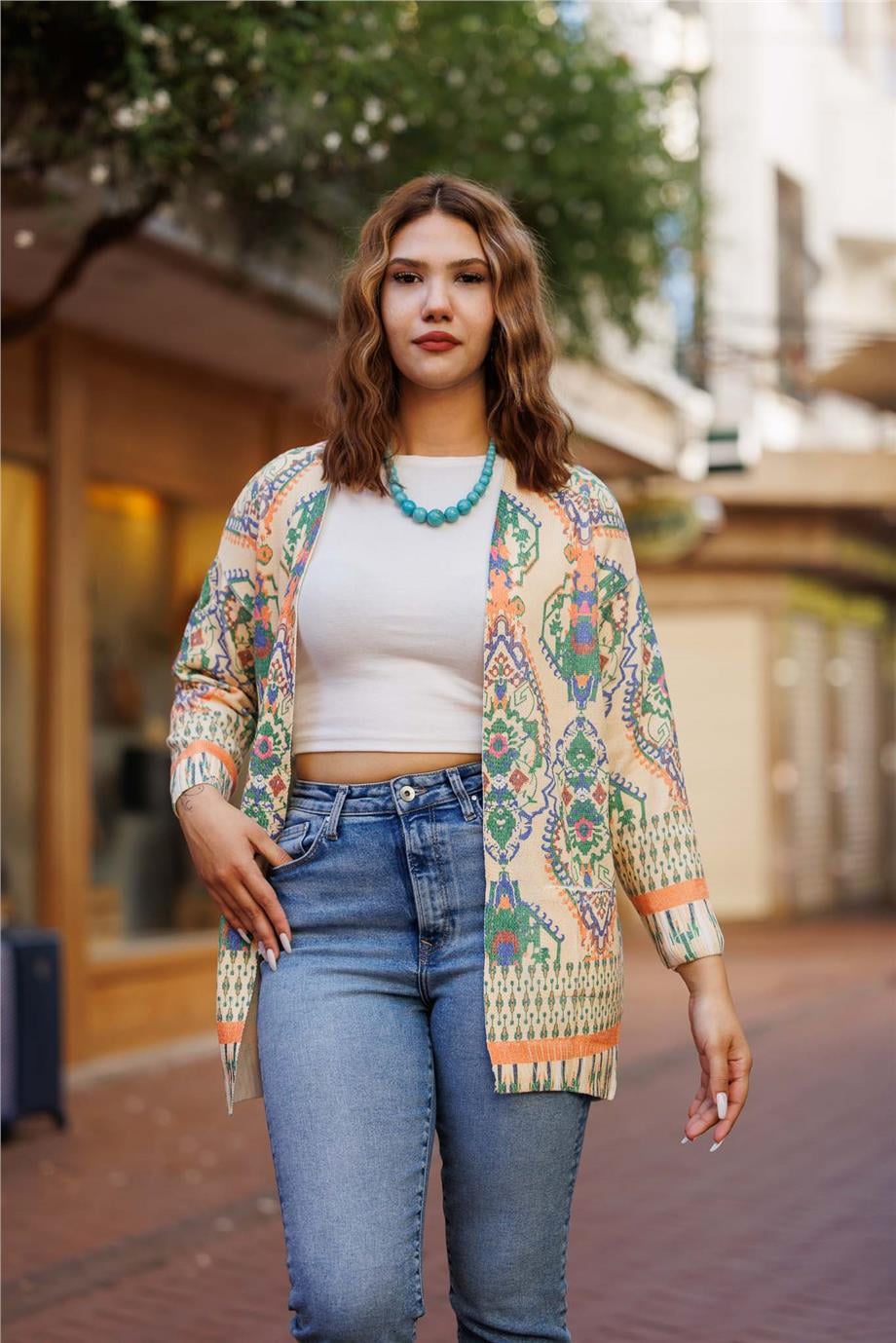 Sarı Renk Kilim Desenli Hırka
