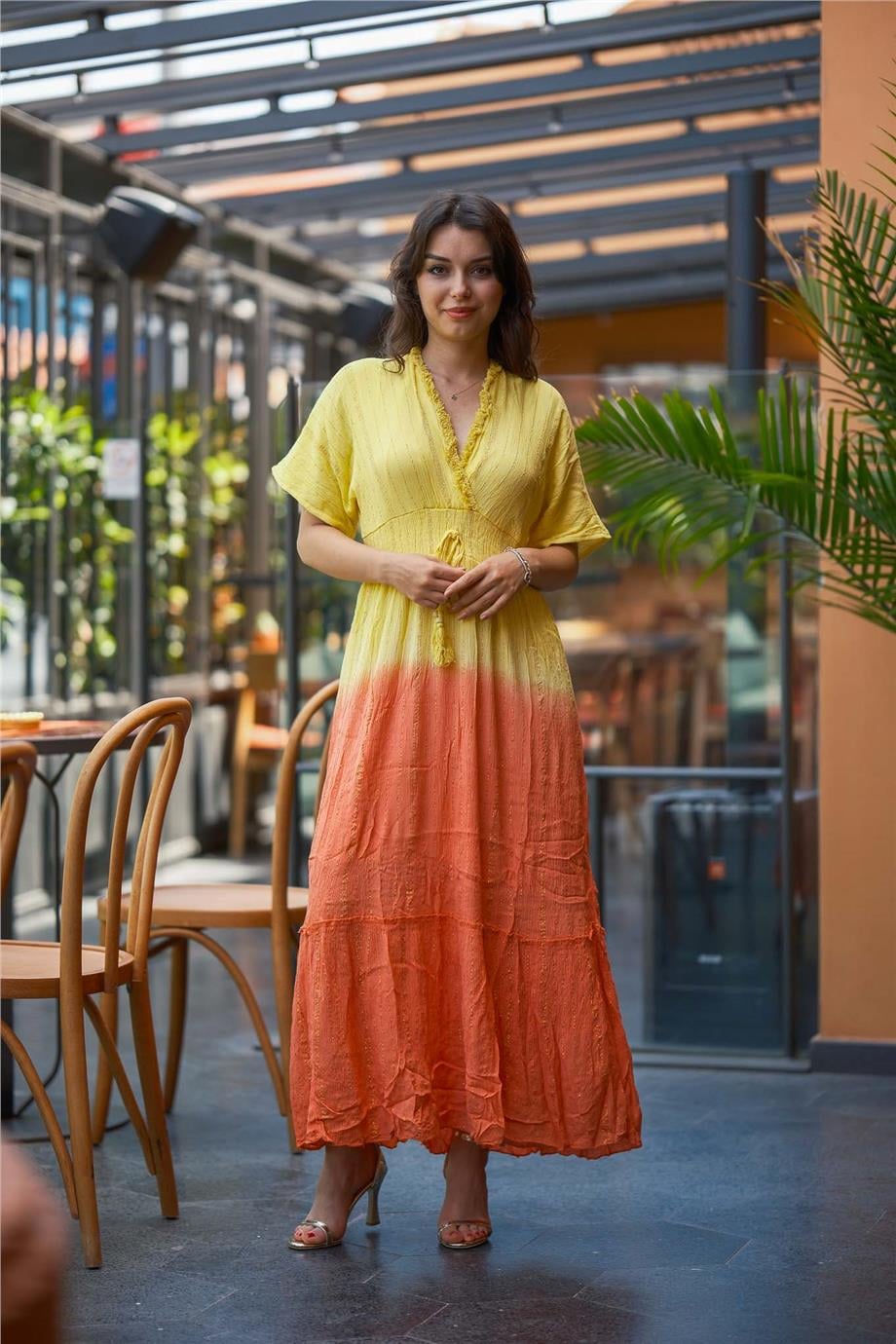 Yellow Sequin Detailed V-Neck Italian Dress