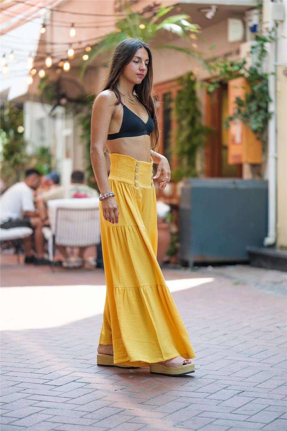 Sarı Renk Sim ve Düğme Detaylı Bohem Pantolon - Pants - Miss