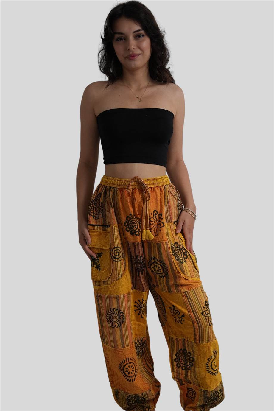 Sarı Unisex Bohem Nepal Cepli Fermuar Detaylı Pantolon