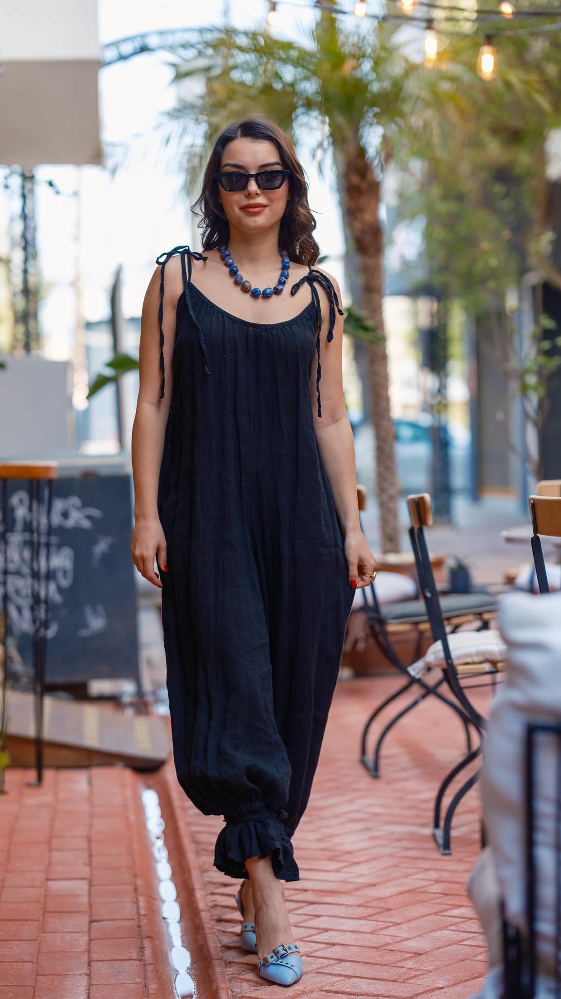 Black Strappy Jumpsuit with Gathered Hem