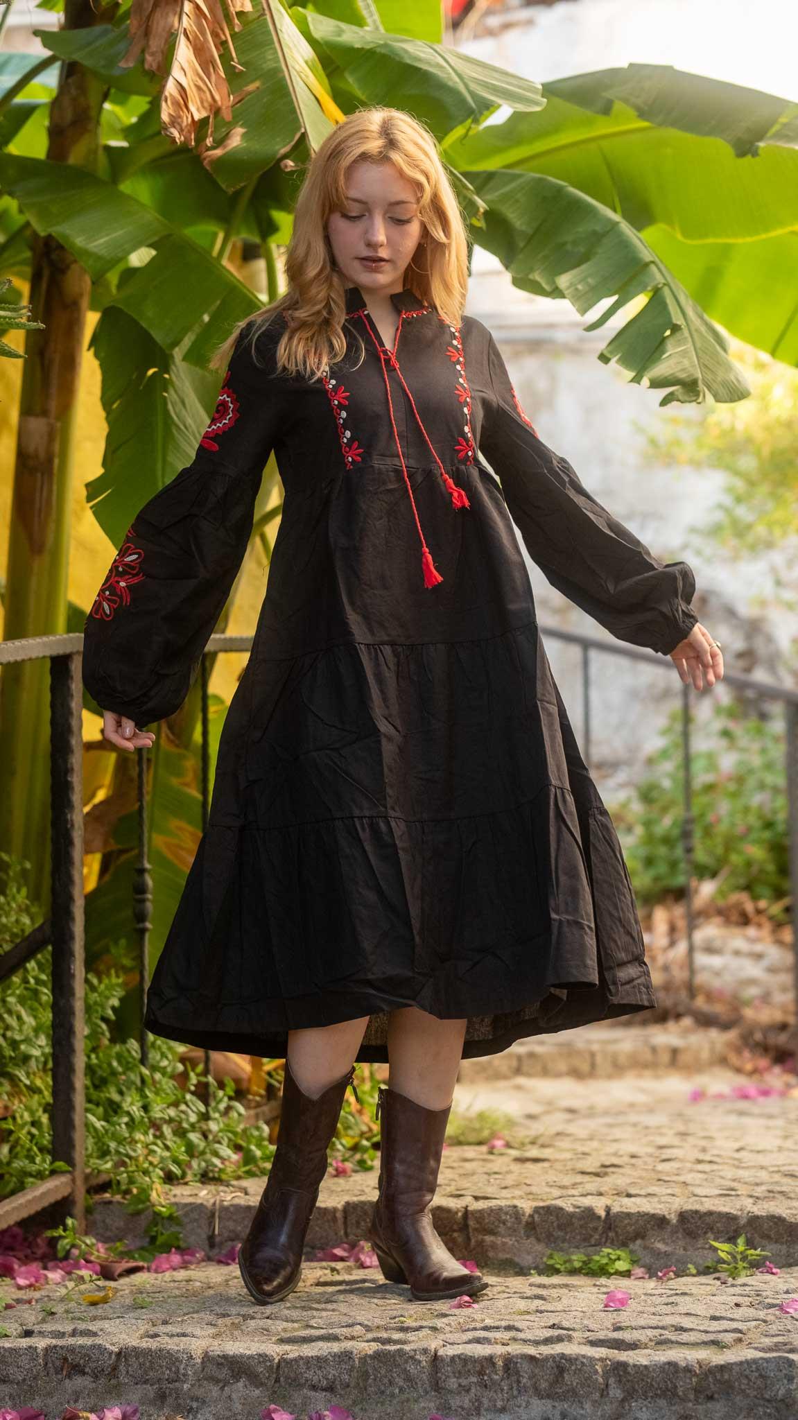 Black Balloon Sleeve Embroidered Bohemian Dress