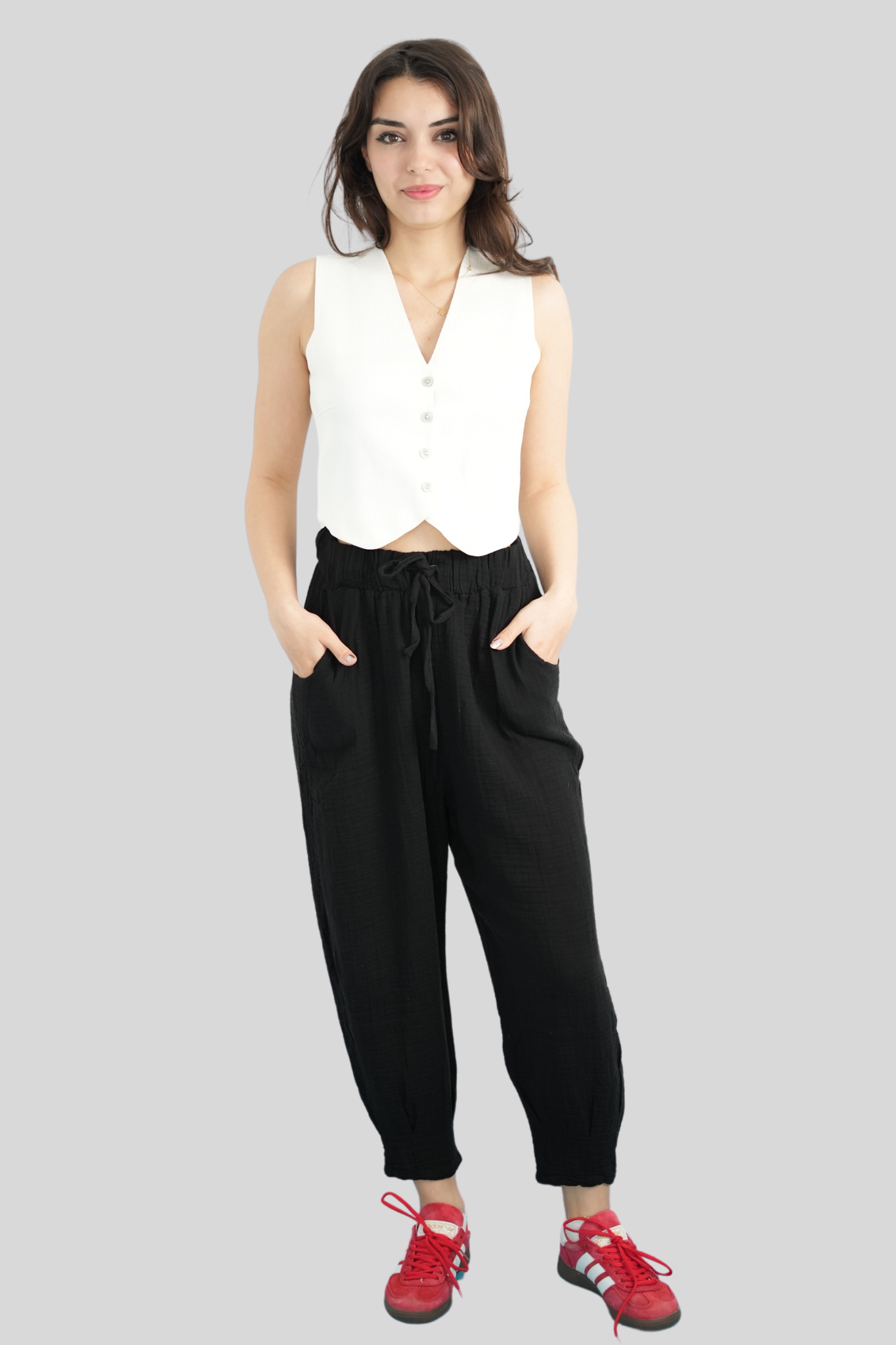 Siyah Beli Lastikli Müslin Pantolon