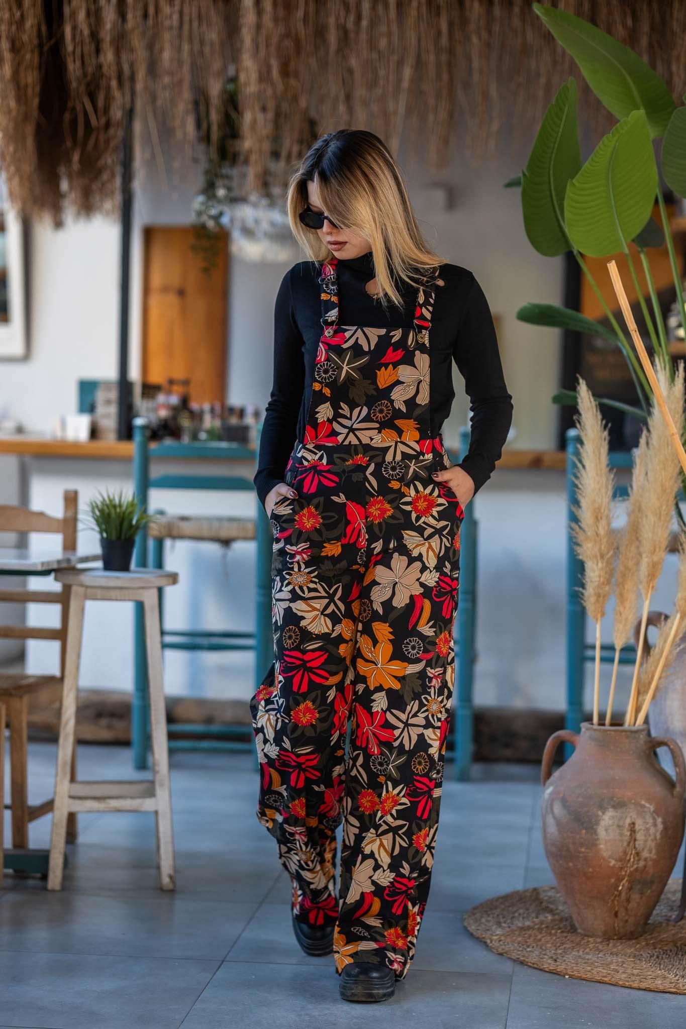 Black Floral Pattern Wide Leg Overalls Jumpsuit