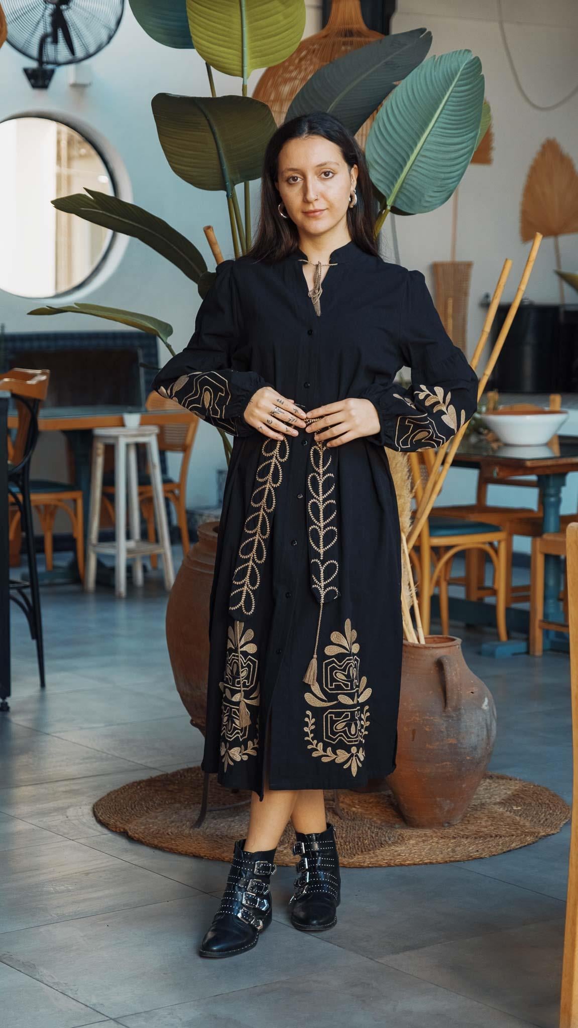 Black Buttoned Double Slit Embroidered Dress