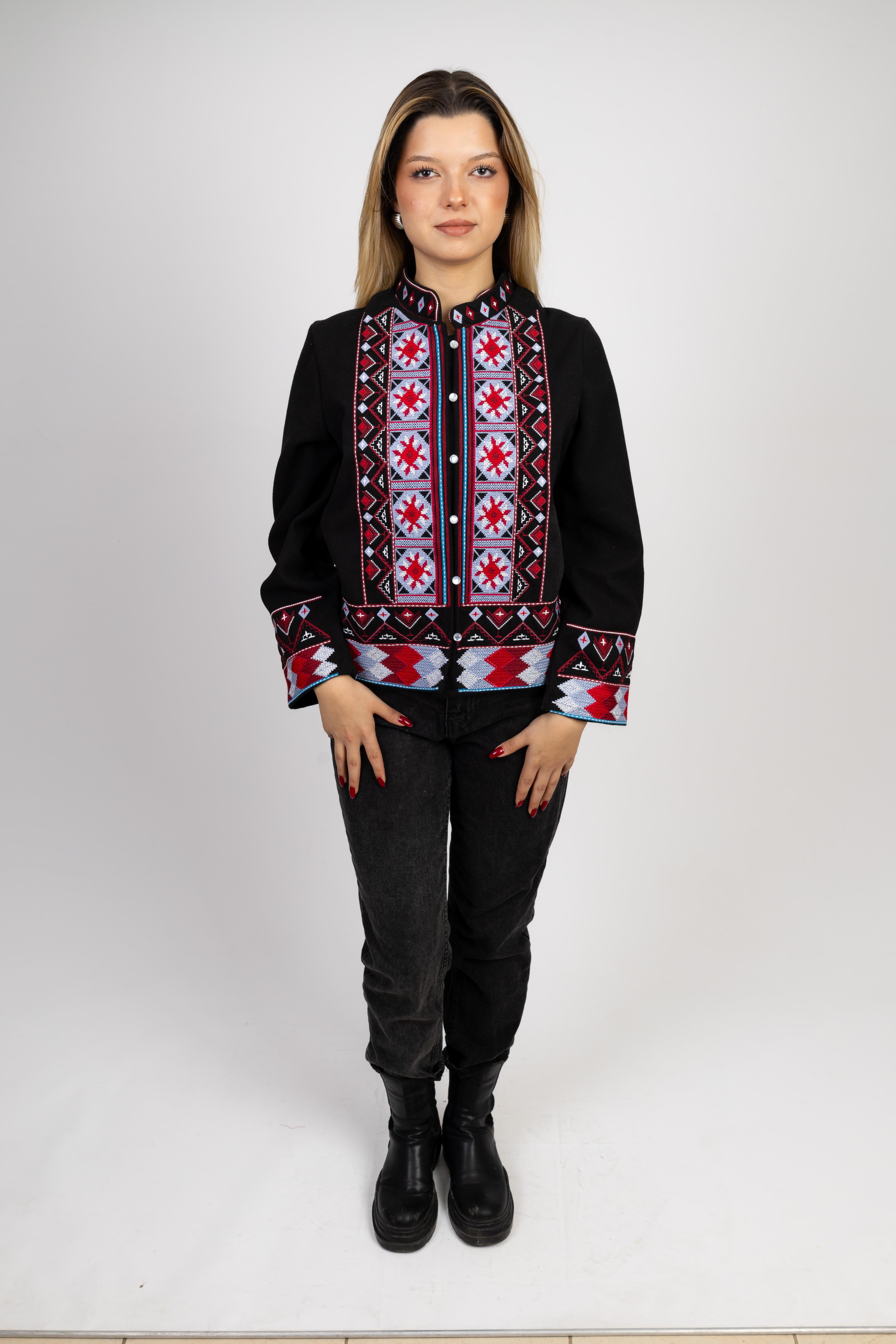 Black Cashmere Jacket with Ethnic Pattern Embroidery