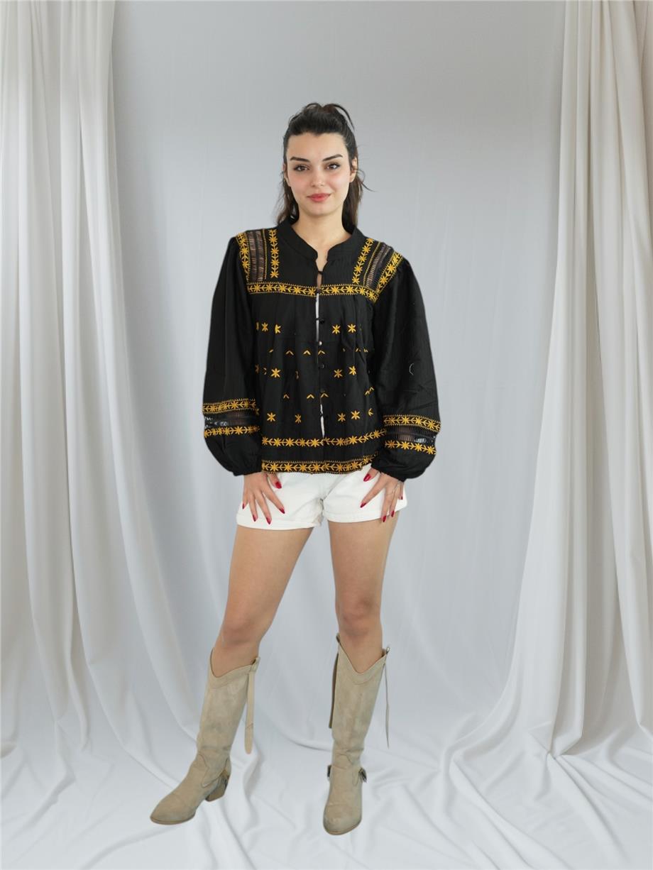 Black Shirt with Gold Floral Embroidery Detail