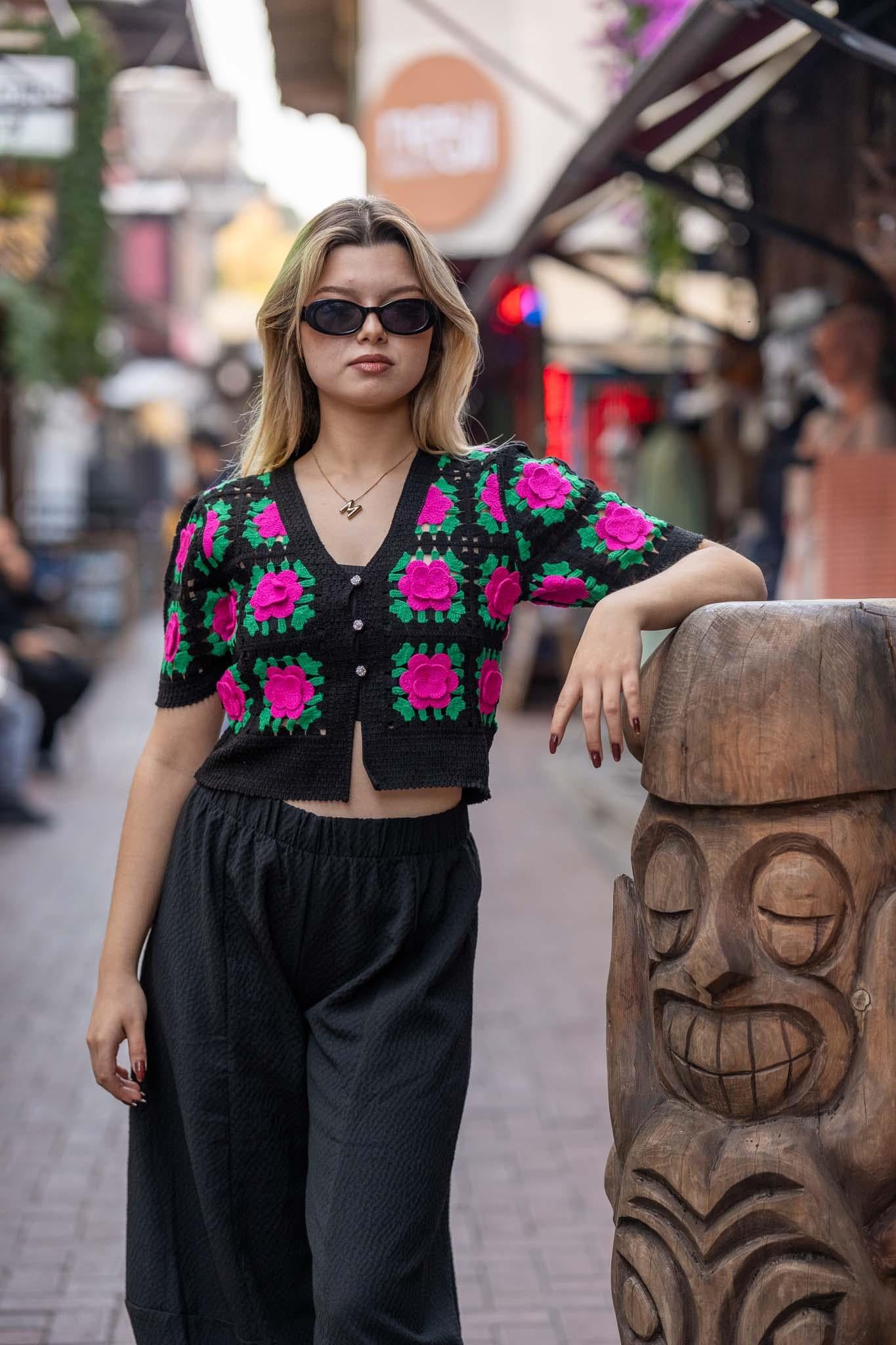 Black and Pink Floral Crochet Cardigan