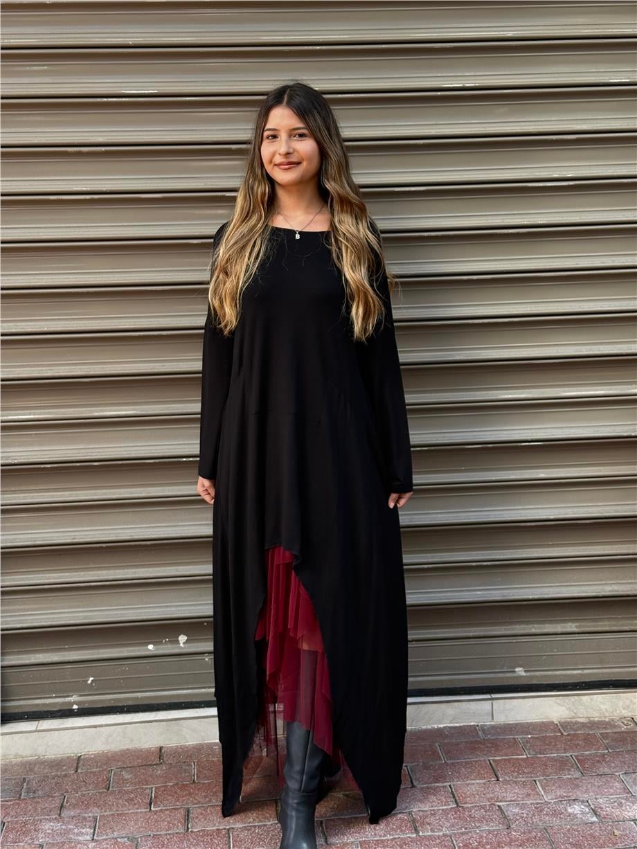 Siyah Renk Asimetrik Maxi Uzun Tunik