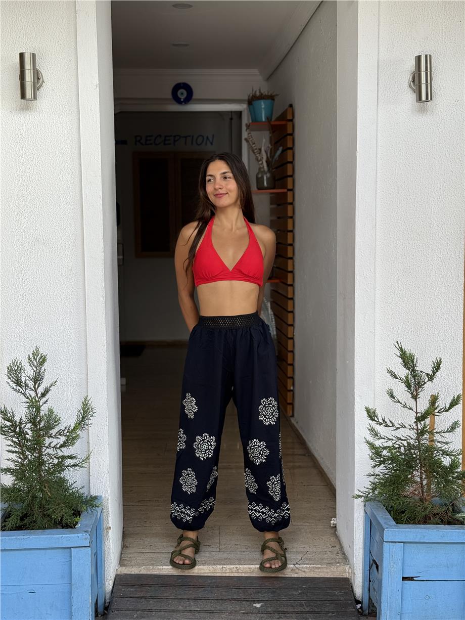 Siyah Renk El Baskılı Bohem Pantolon