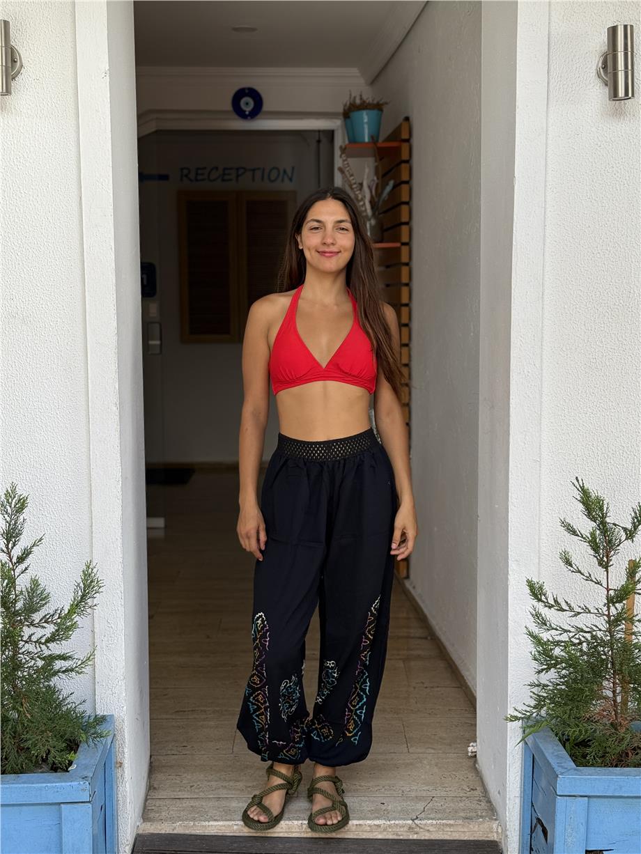 Siyah Renk El Baskılı Bohem Pantolon