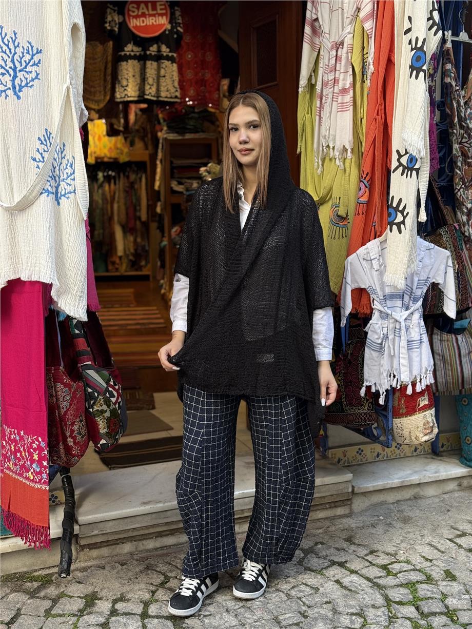 Siyah Renk Kapüşonlu Merserize Hırka 