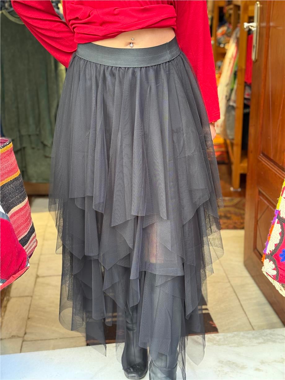 Siyah Renk Kat Kat Tül Etek