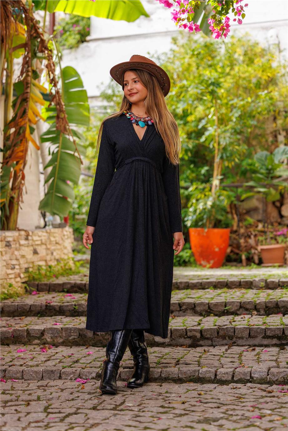 Black Bohemian Winter Dress with Front Yoke and Lace-up V-Neck