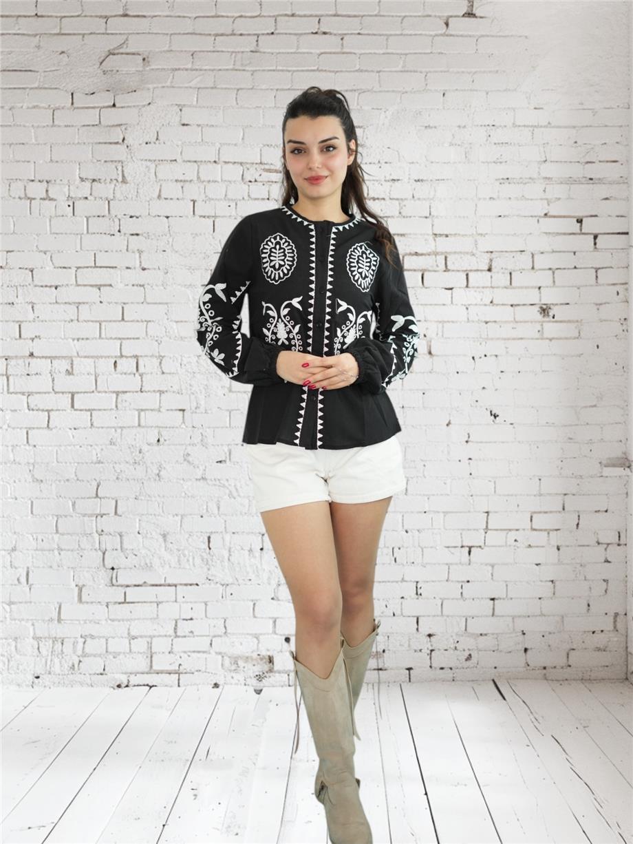 Black Design Shirt with White Embroidery