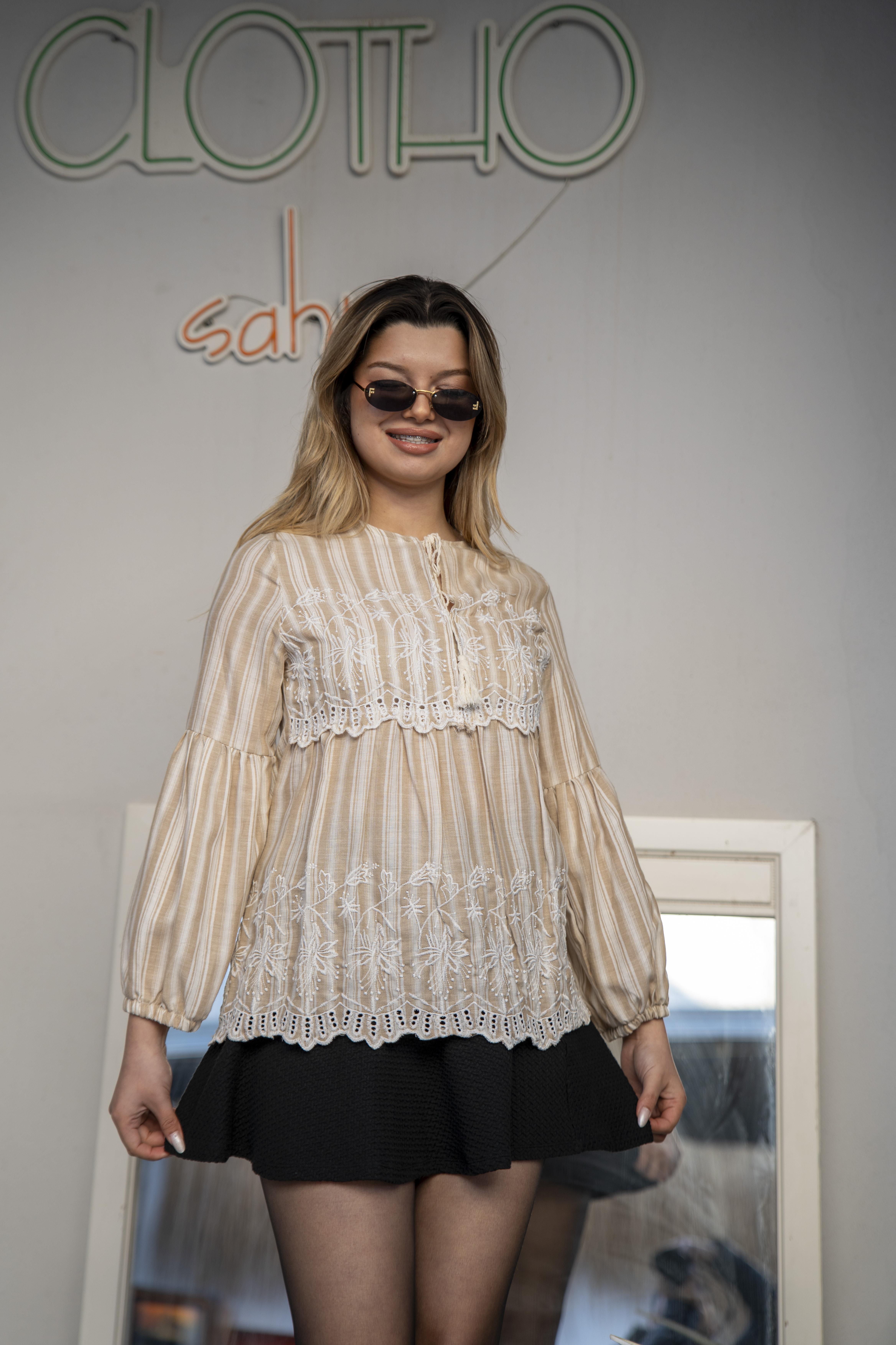 Designer Beige Striped Embroidered Blouse