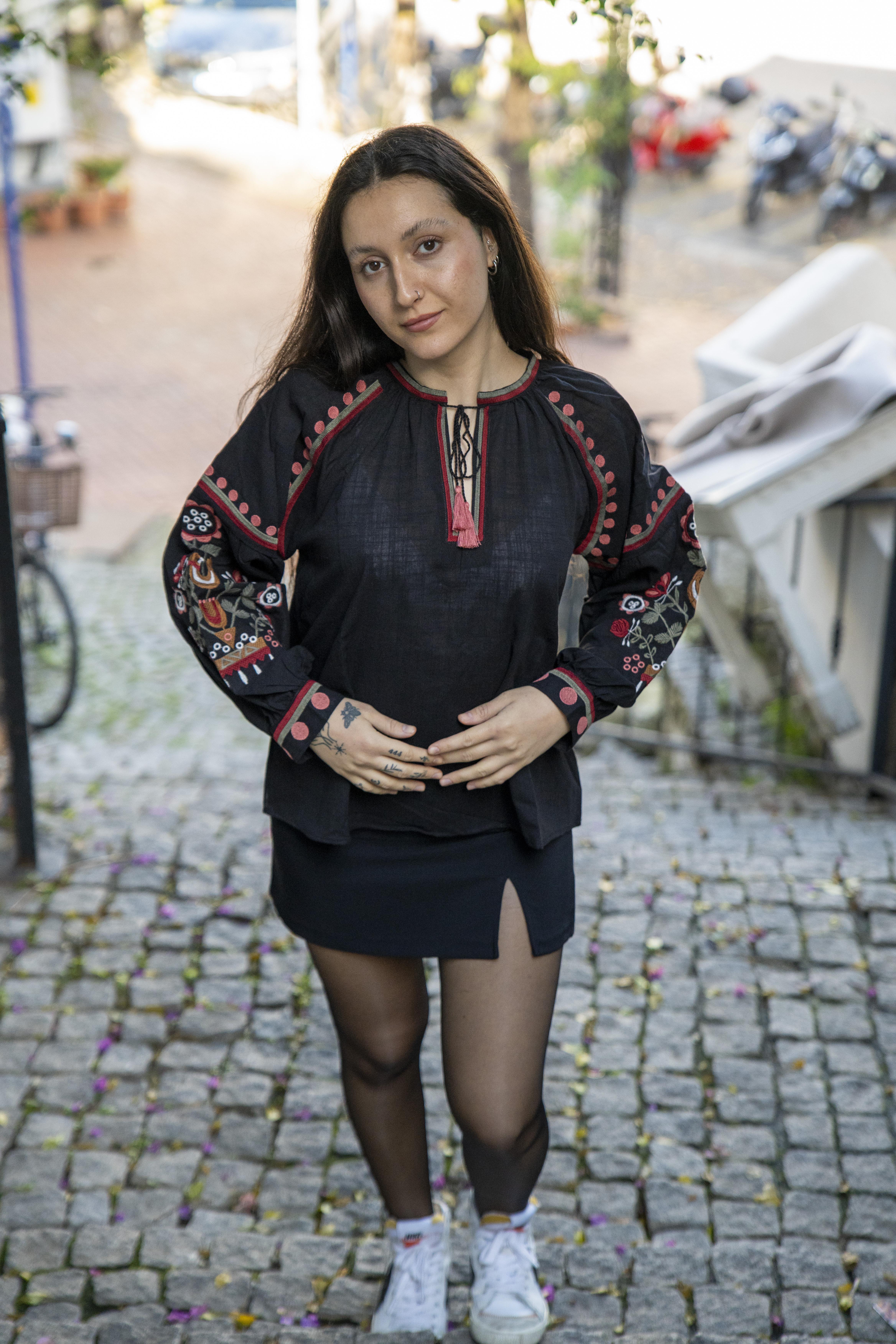 Designer Black Balloon Sleeve Blouse with Floral Embroidery