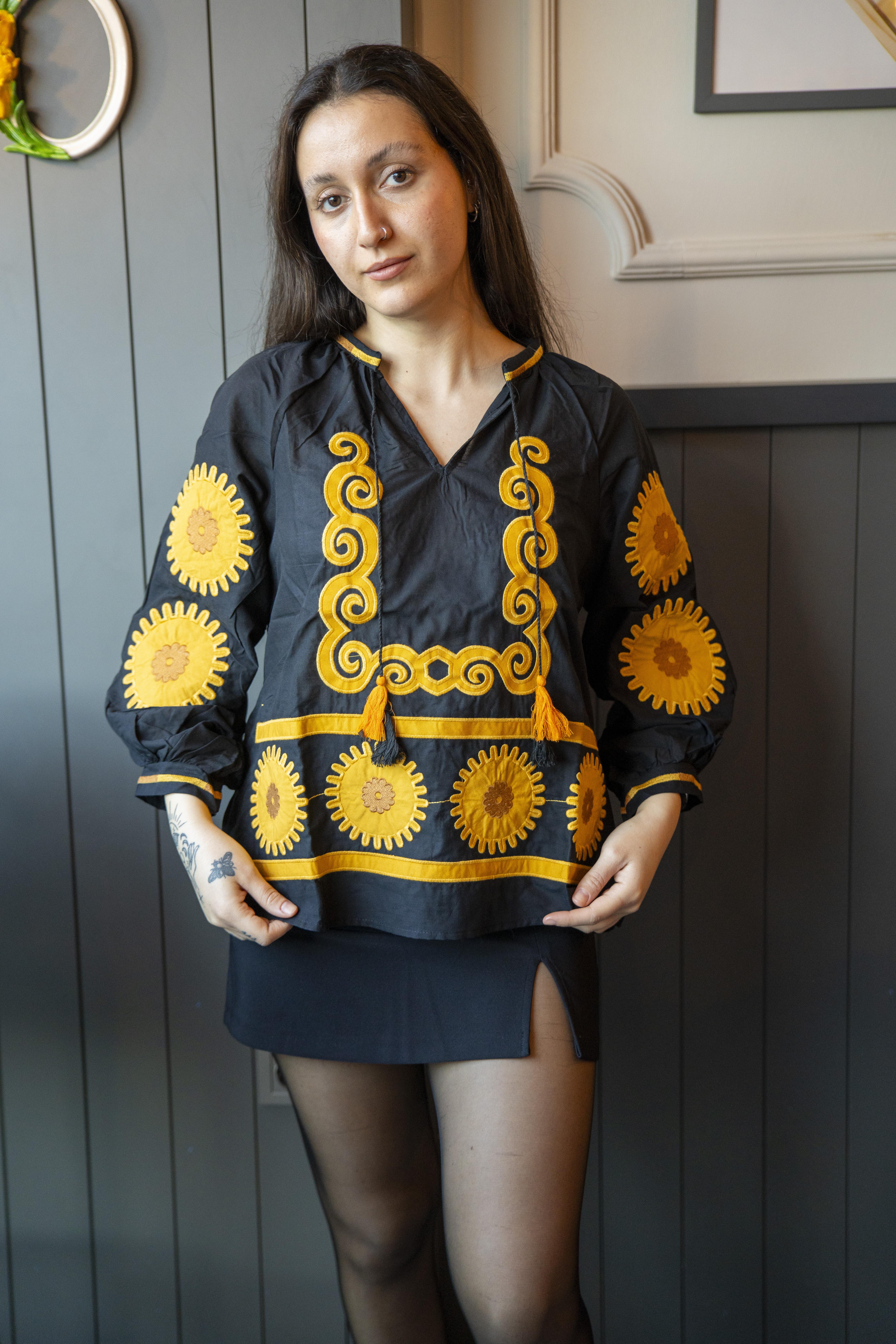 Designer Black Mustard Gear Embroidered Blouse