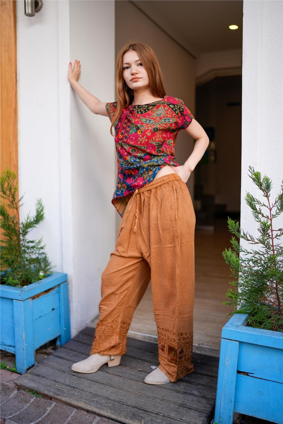 Toprak Rengi Vintage Nakışlı Bohem Pantolon