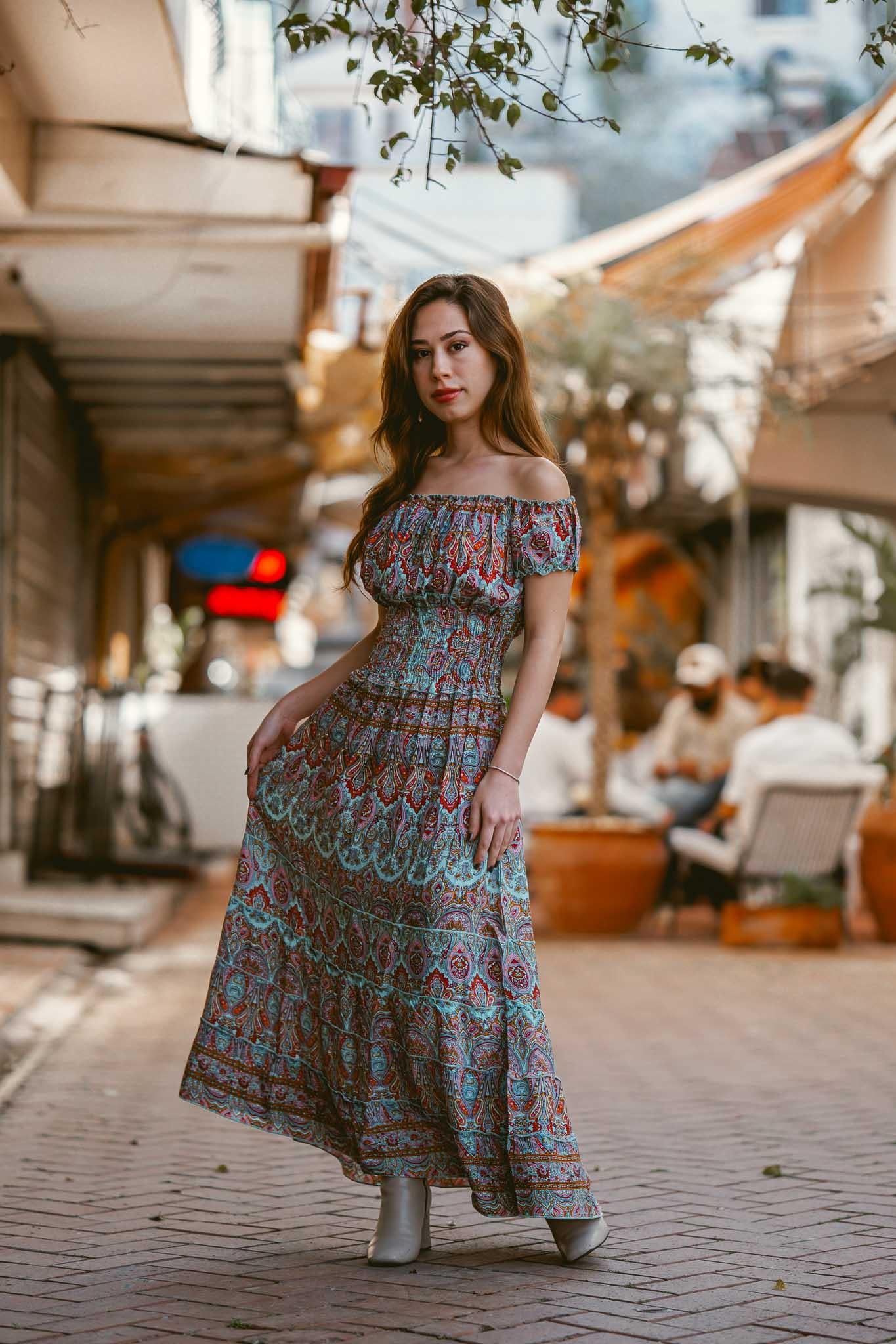 Turkuaz Madonna Yaka İpek Elbise