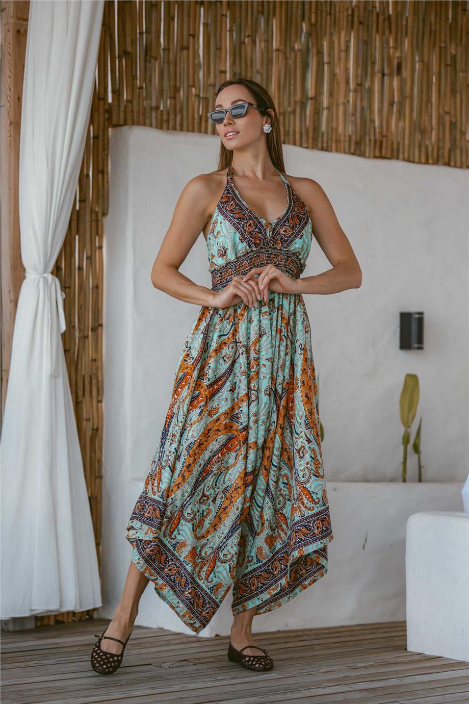 Turkuaz Renk Boyundan Bağlamalı Sırtı Açık İpek Tulum