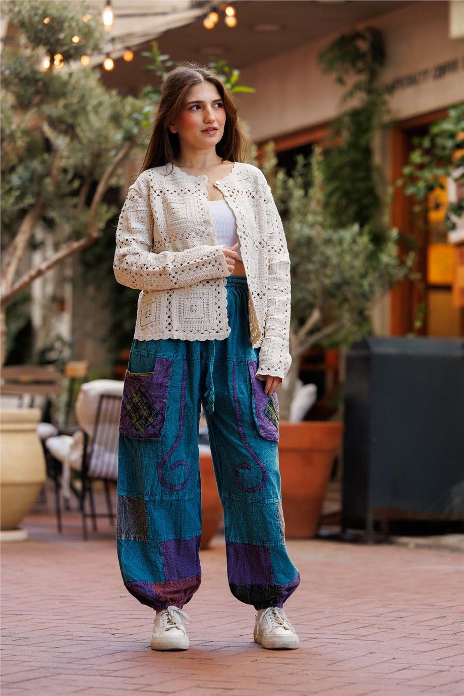 Turkuaz Renk Cep Detaylı Patchwork Bohem Pantolon