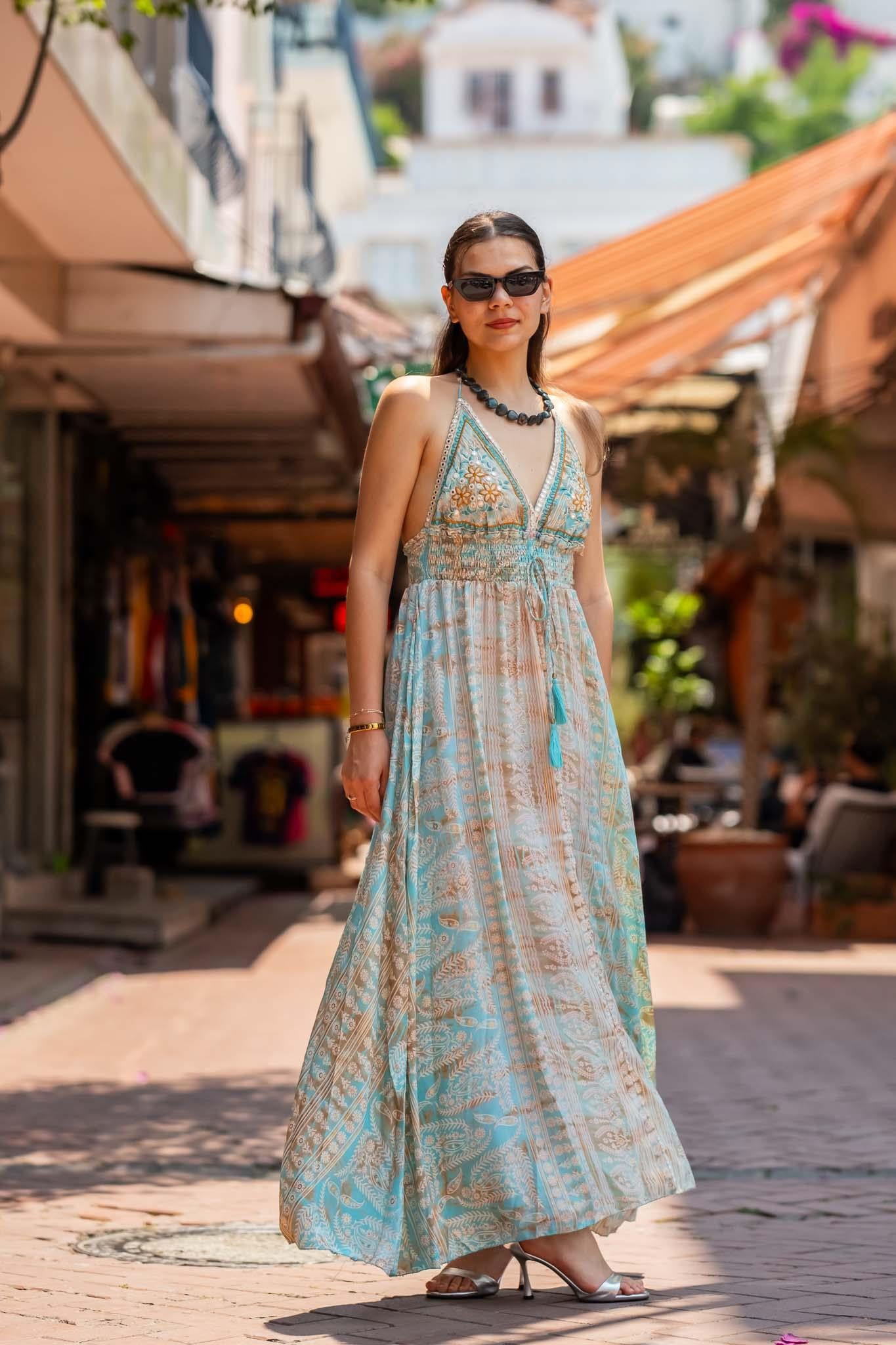 Turquoise Halter Neck Backless Silk Dress