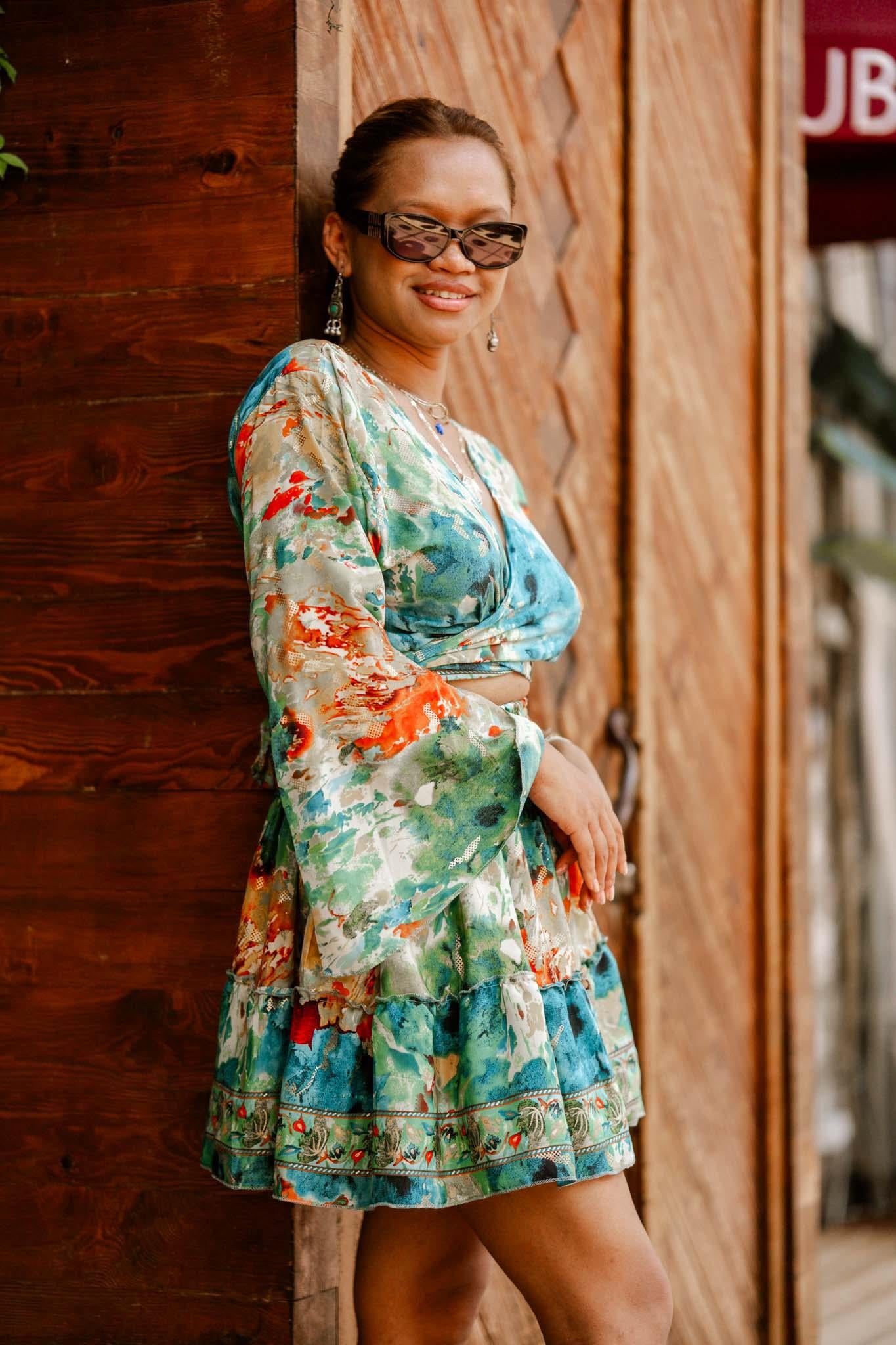 Turquoise Silk Short Dress