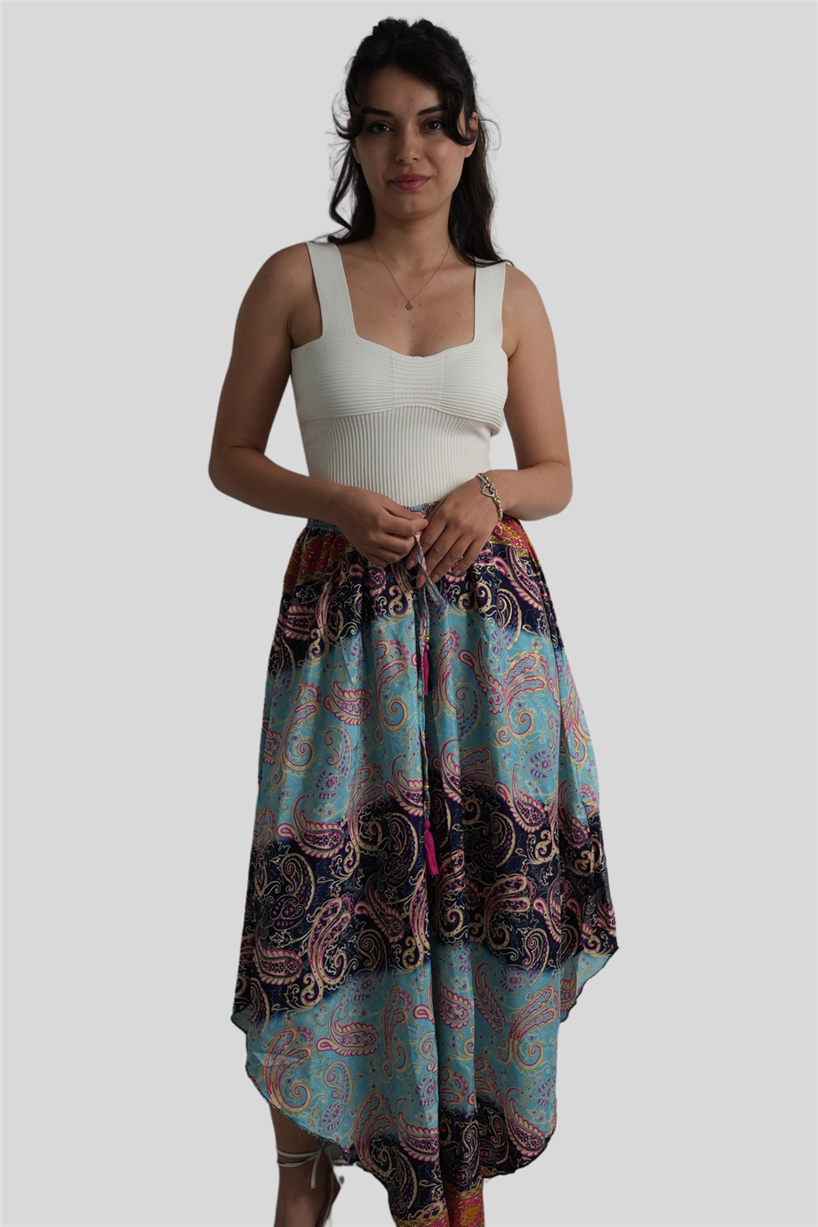 Turkuaz Renk Gold Detaylı İpek Uzun Etek