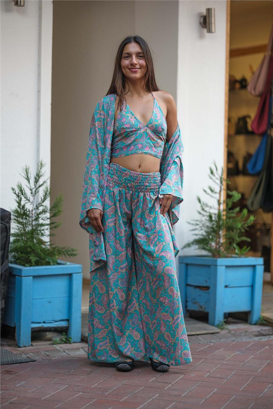Turkuaz Renk İpek Pantolon Crop Kimono Üçlü Takım