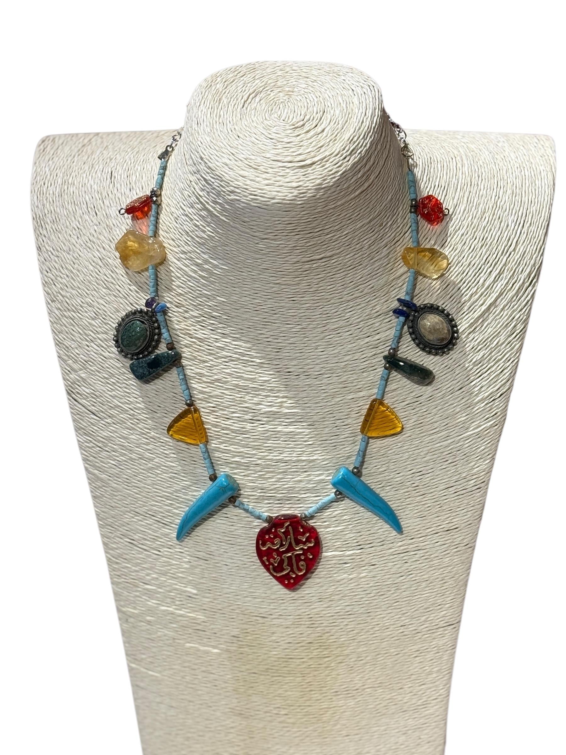 Custom Designed Triangle Necklace with Turquoise and Malachite Stones
