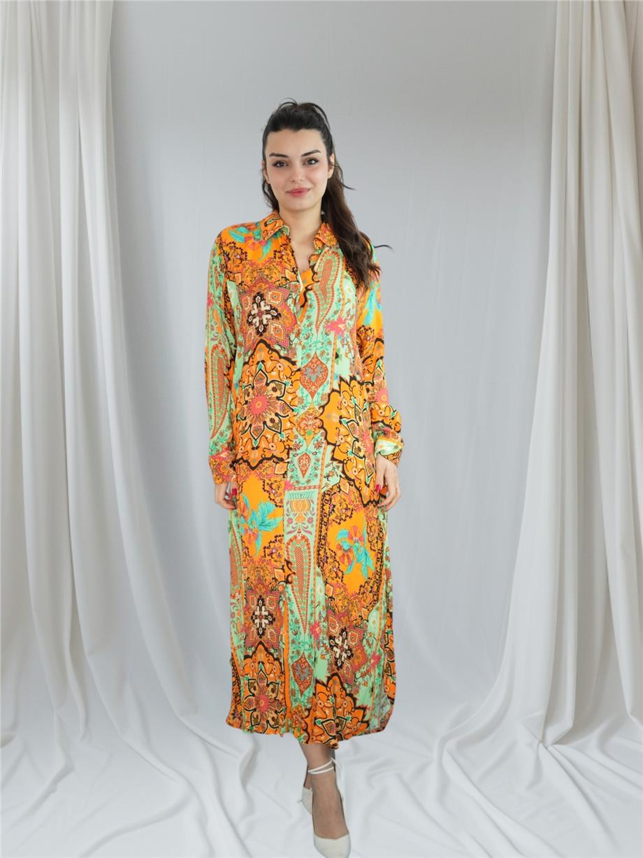 Orange Floral Buttoned Dress