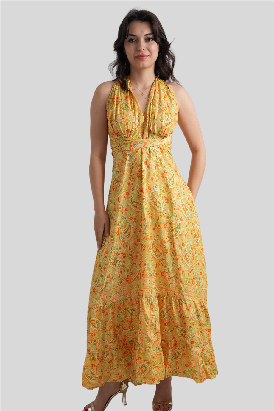 Orange Halter Neck Backless Silk Dress