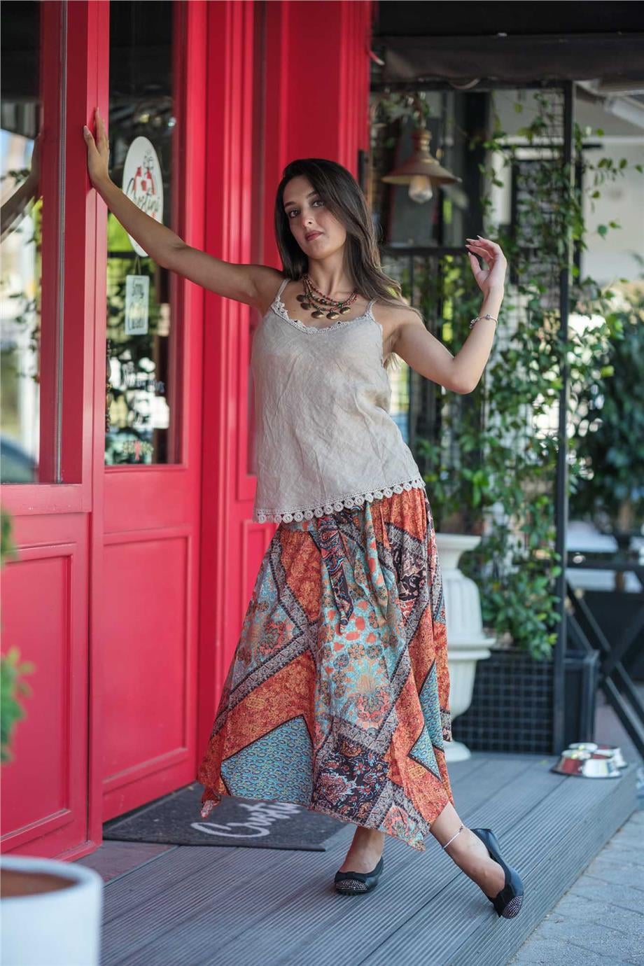 Turuncu Renk Beli Lastikli Drape Detaylı Etnik Etek