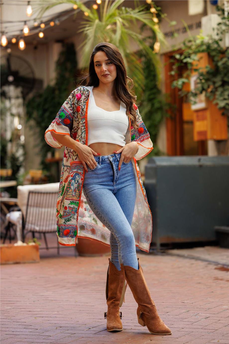 Turuncu Renk El İşlemeli Etnik Desenli Bohem Kimono