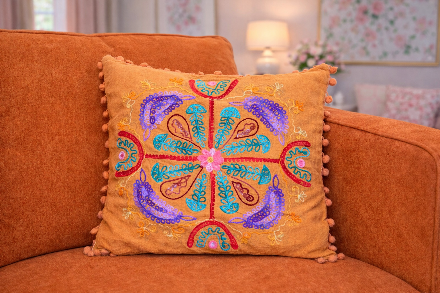 Turuncu Renk Gün Batımı Mandala Nakışlı Ponponlu Bohem Yastık Kılıfı 40cmX40cm